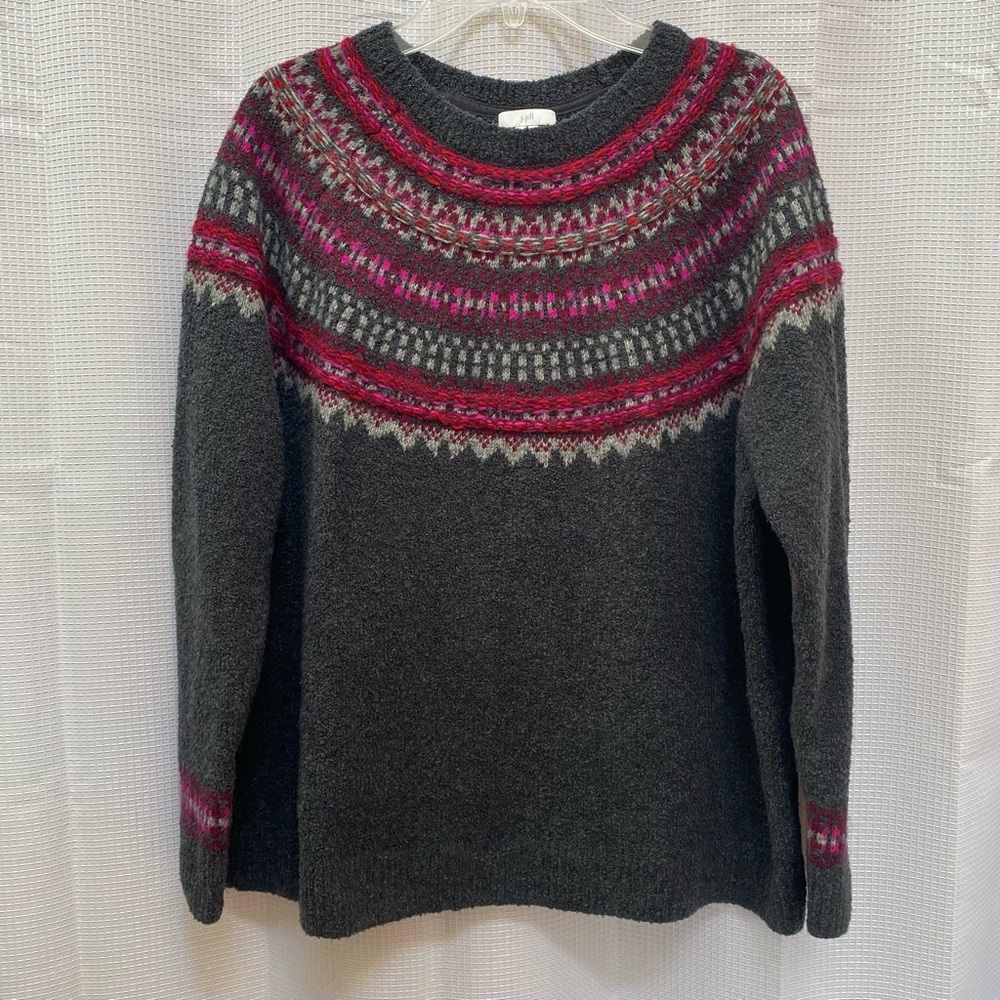 J. Jill Dark Gray Crewneck Sweater with Pink & Red Fair Isle Yoke